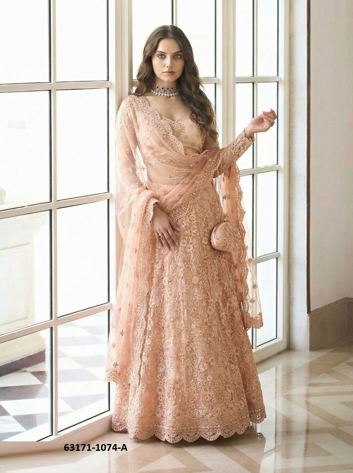 Peach Net Lehenga Set