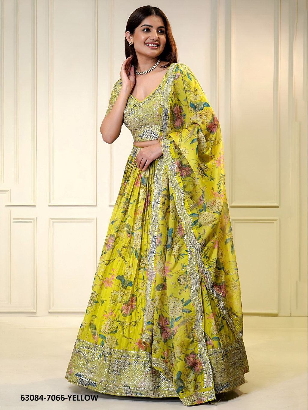 Yellow Floral Organza Lehenga Set
