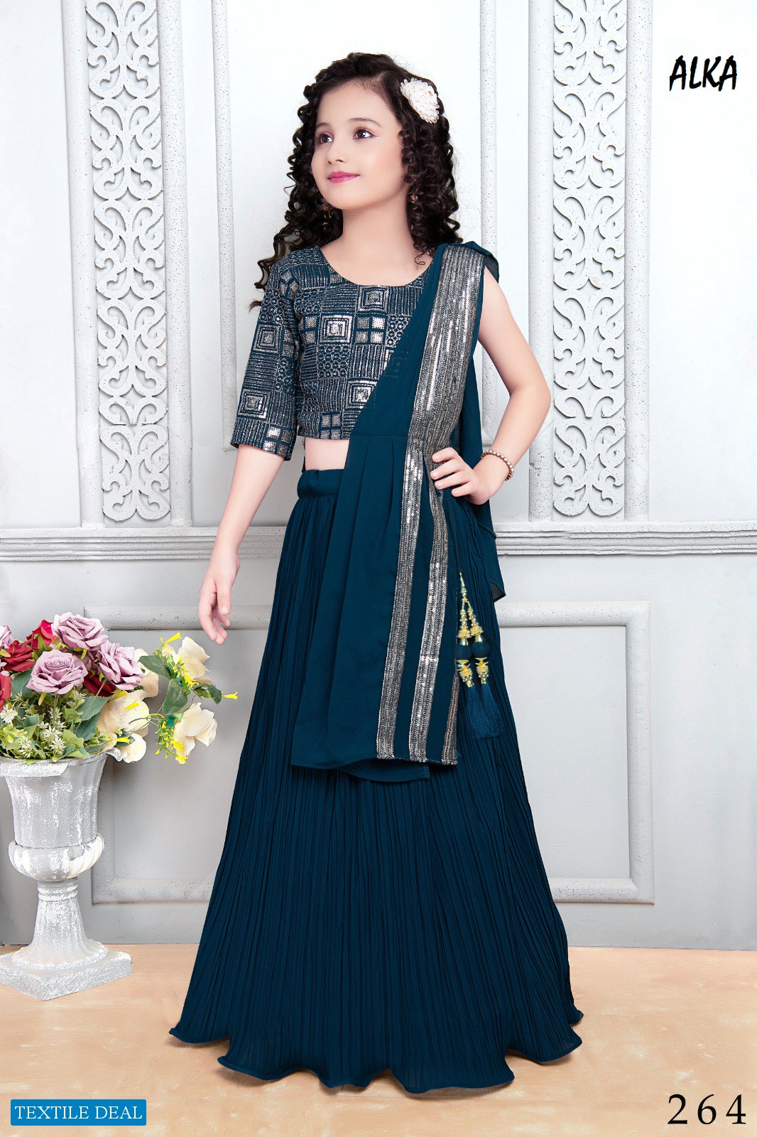 Alka - Teal Geometrisch Lehenga Set met Dupatta