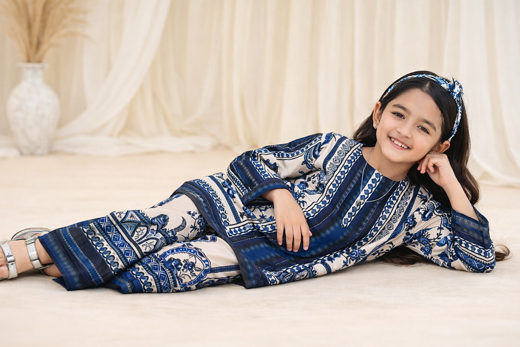 Girls Kurti Set – Crème Blauw Botanisch Print