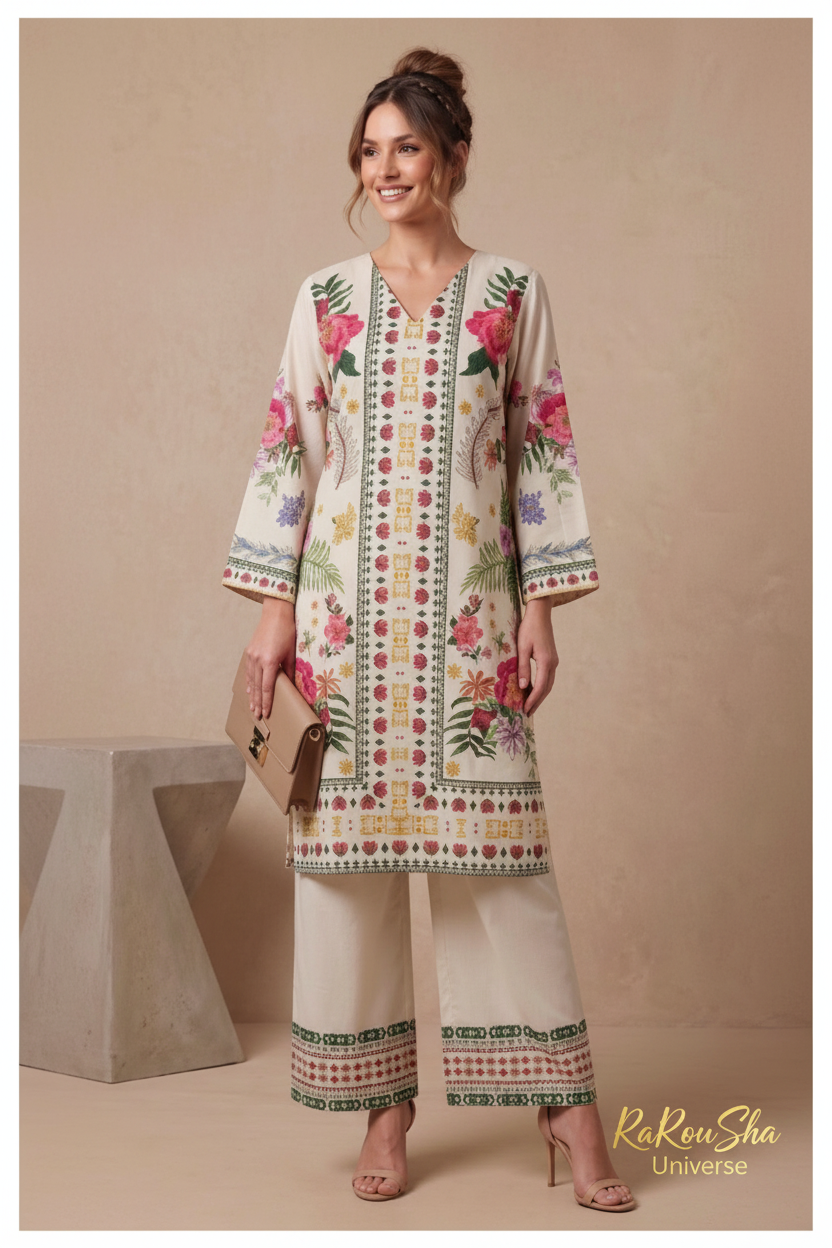 Co-ord Set Crèmewit Tropisch – Voorkant