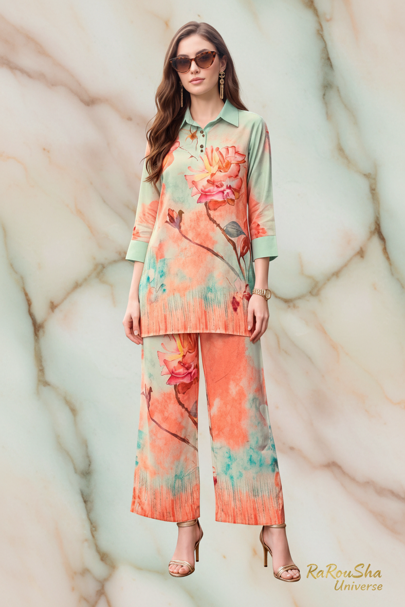 Peach Mint Rose Co-ord Set marmeren achtergrond