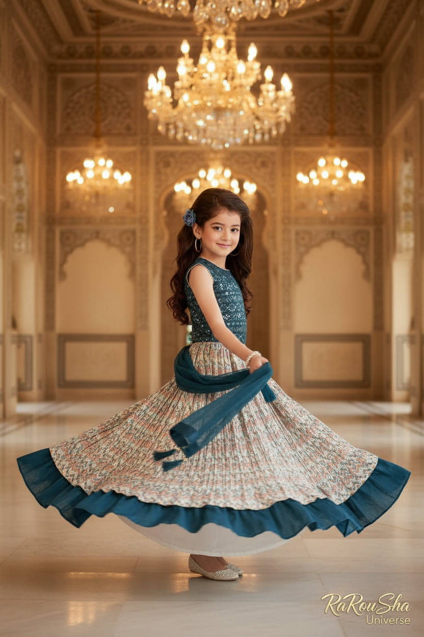 Little Lady Petrol Creme Lehenga - paleis twirl pose