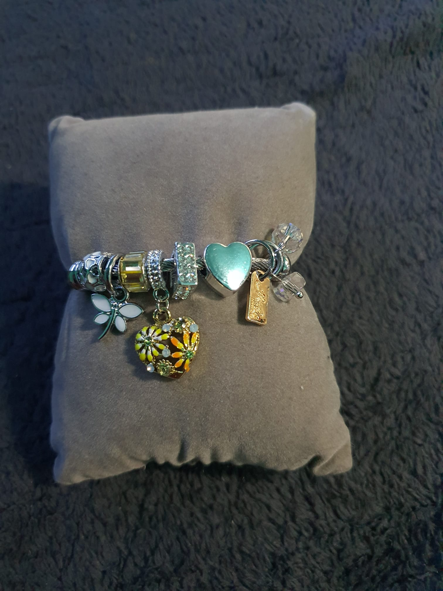 Zilveren Kabel Bangle – Zonnebloem & Mint Hart Charms