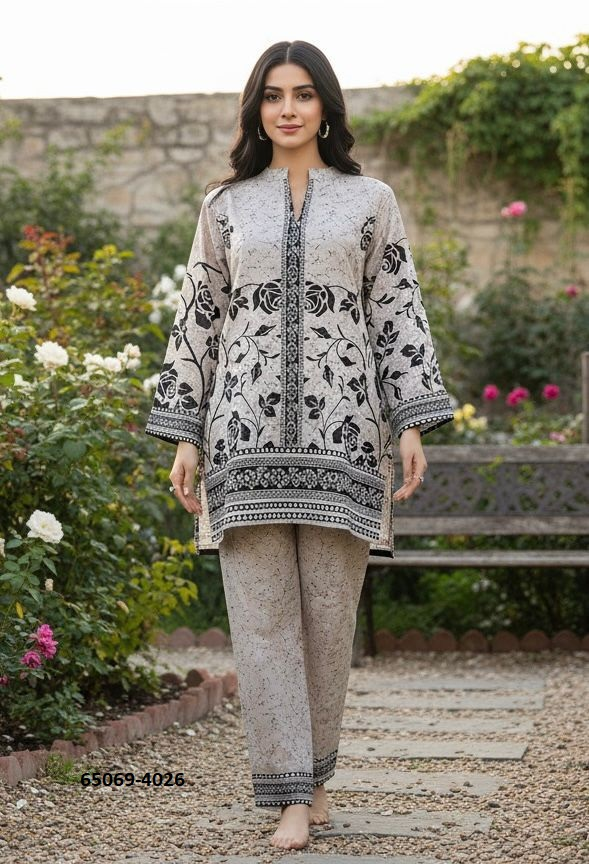 Lora Vogue Co-ord Set - Crème met Zwarte Rozen Print