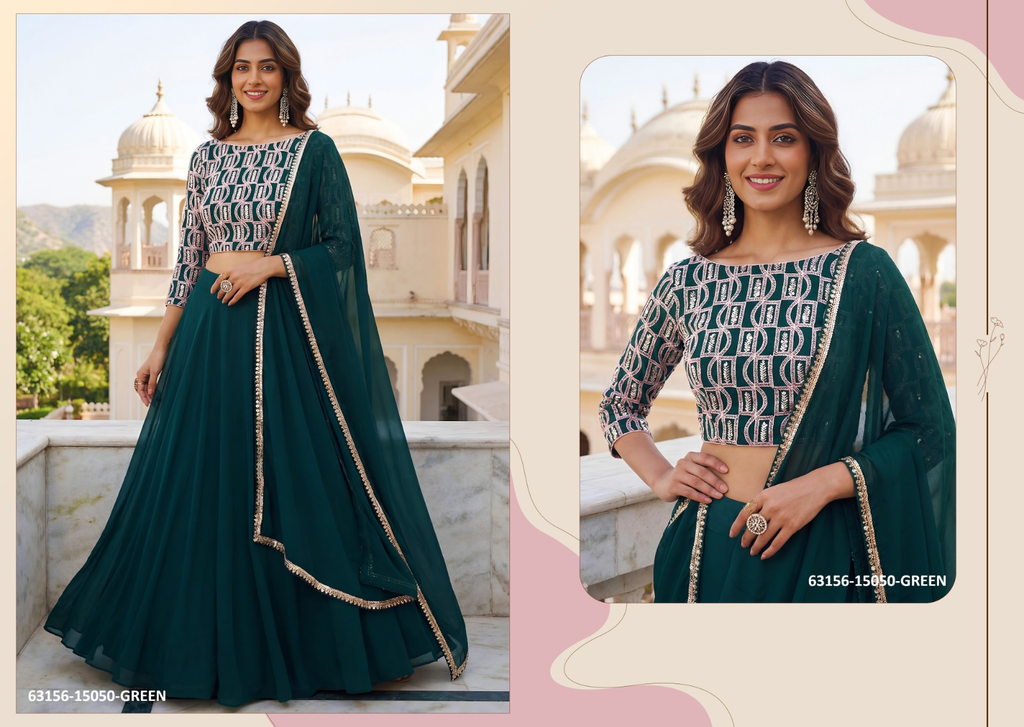 Emerald Green Georgette Embroidery Lehenga Set