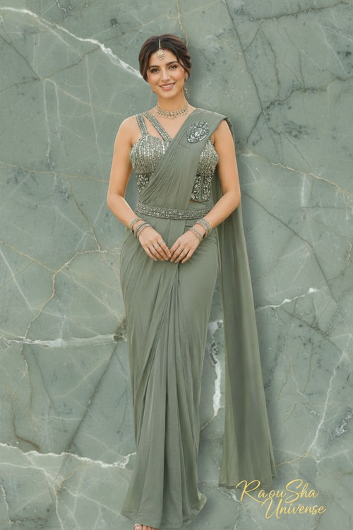 Anaya Sage Green Saree - Groene marmeren achtergrond - RaRouSha Universe