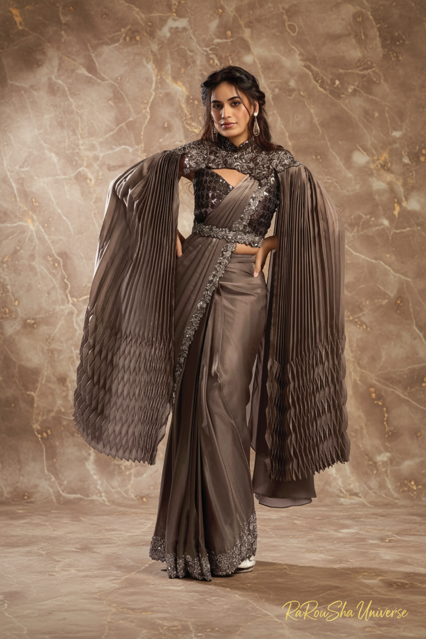 Selene Taupe Saree - Marmeren achtergrond - RaRouSha Universe