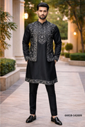 Heren Kurta Pajama met Jacket - Zwart Donair Borduurwerk (142009)
