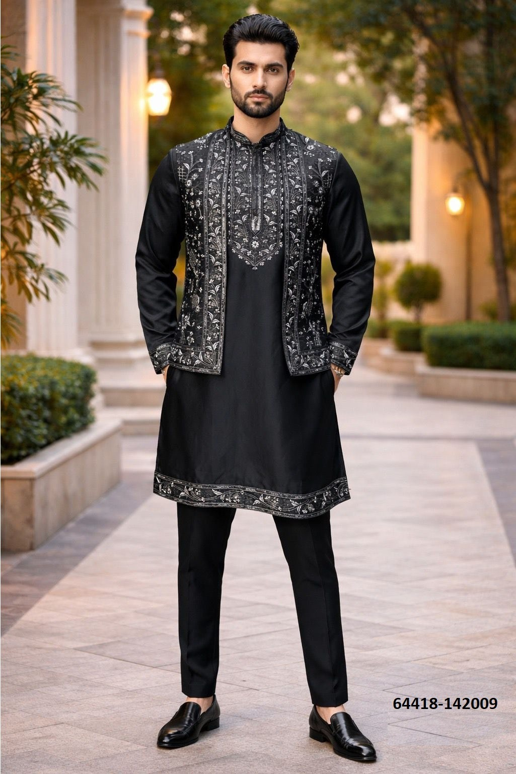 Heren Kurta Pajama met Jacket - Zwart Donair Borduurwerk (142009)