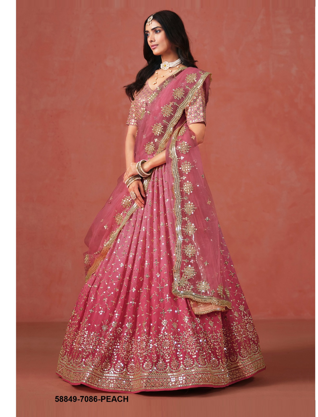 Peach Georgette Sequins Lehenga – 58849-7086-Peach