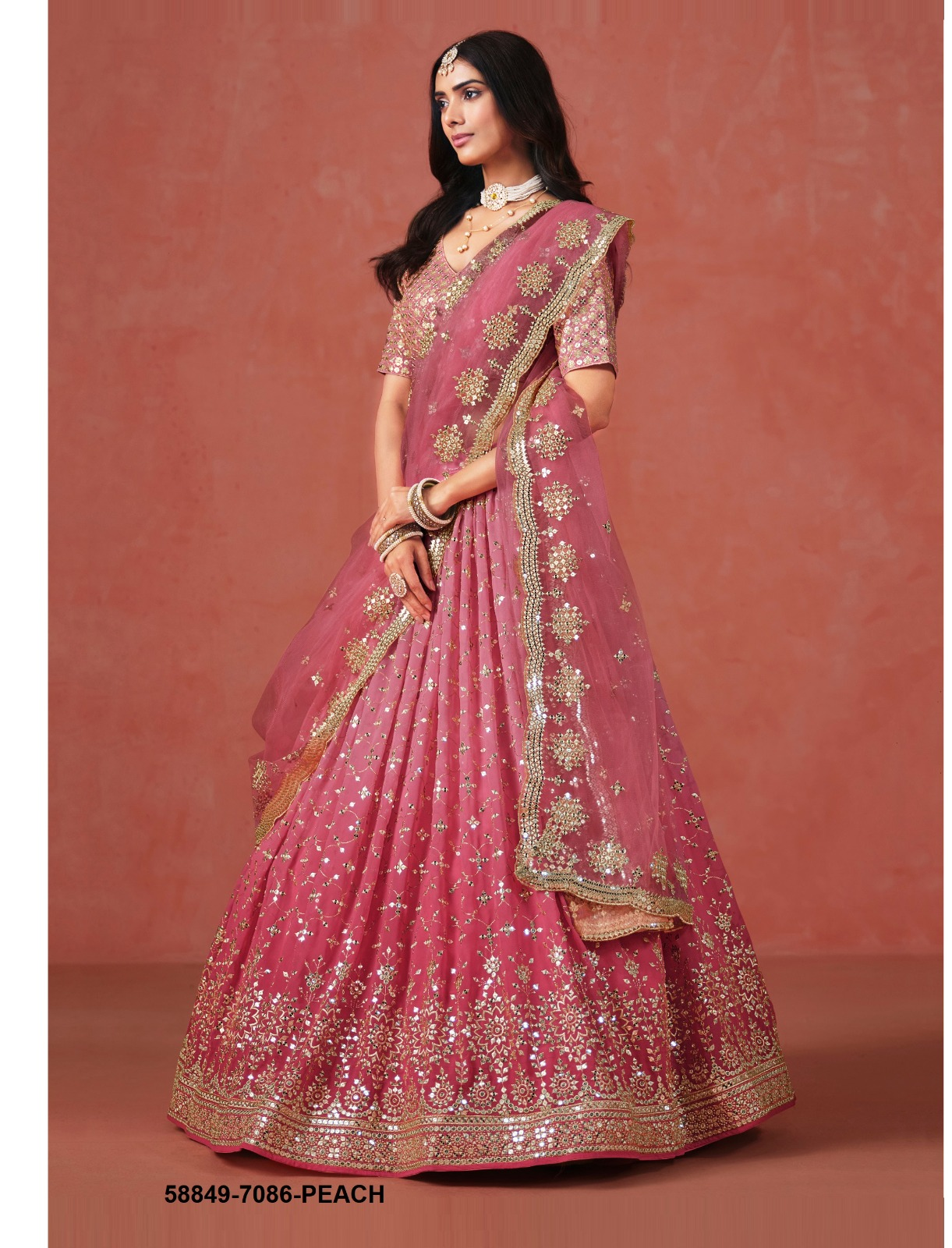 Peach Georgette Sequins Lehenga – 58849-7086-Peach