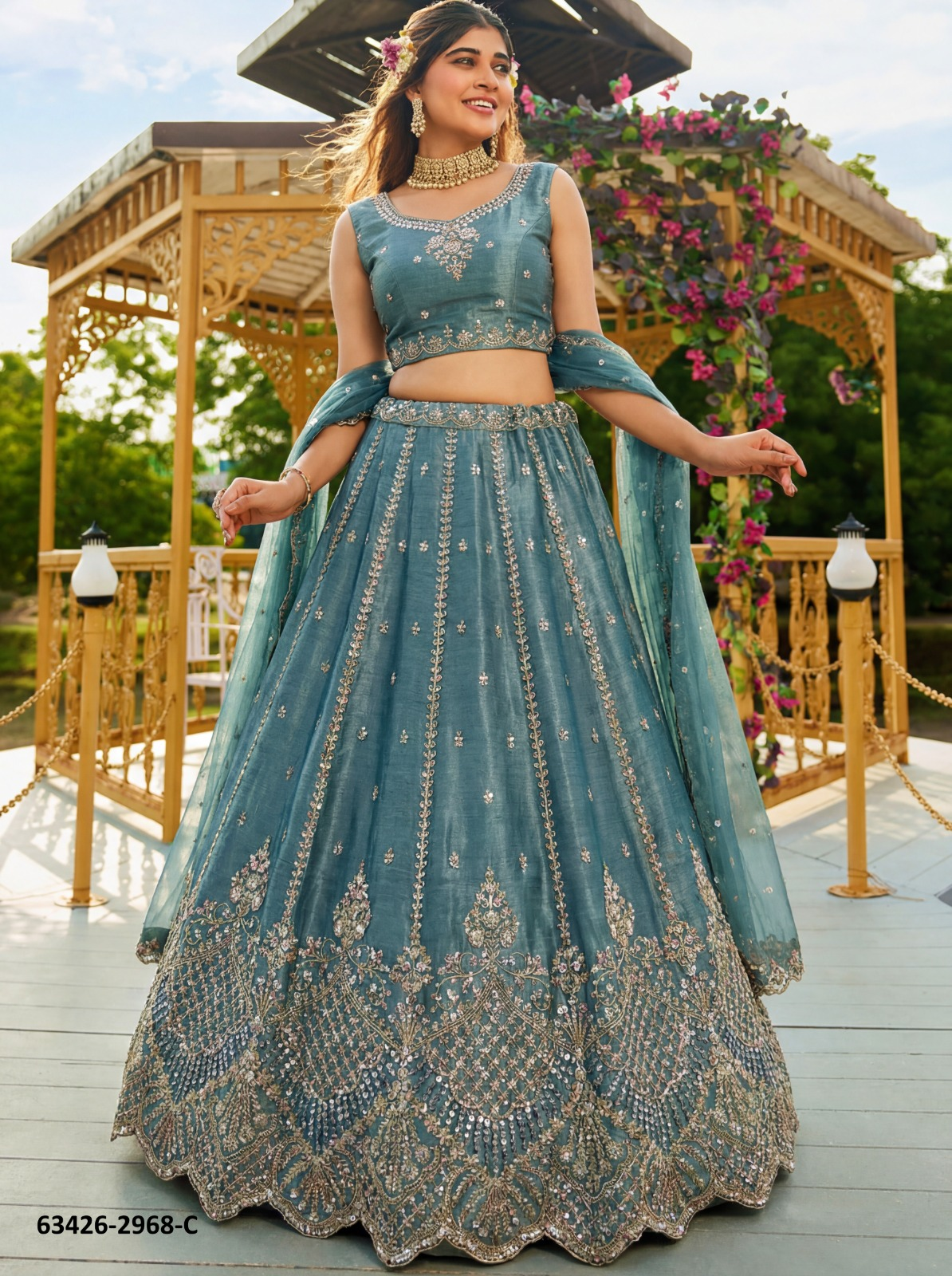 Steel Blue Satin Lehenga – 63426-2968-C