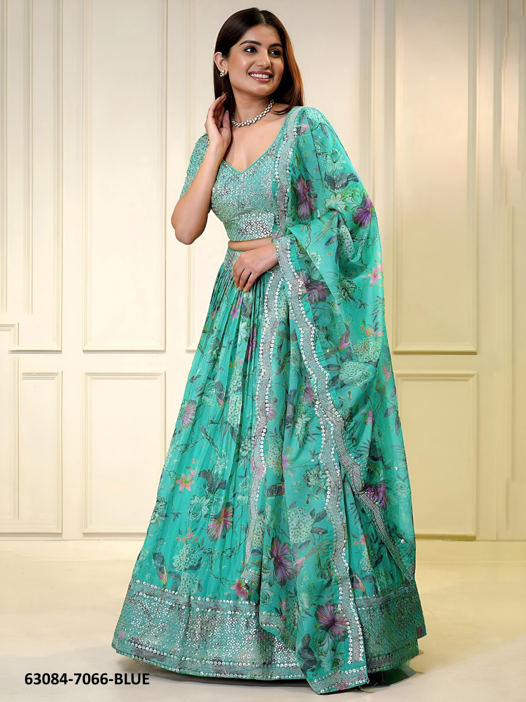 Turquoise Floral Organza Lehenga Set