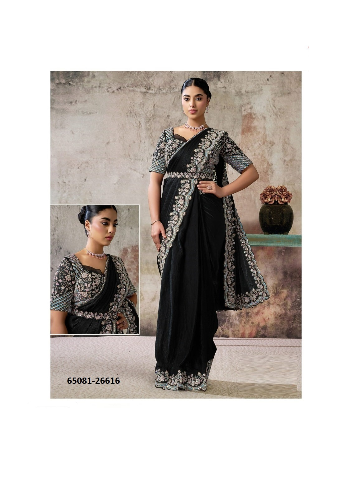 SELENE Ready-to-Wear Saree – Zwart
