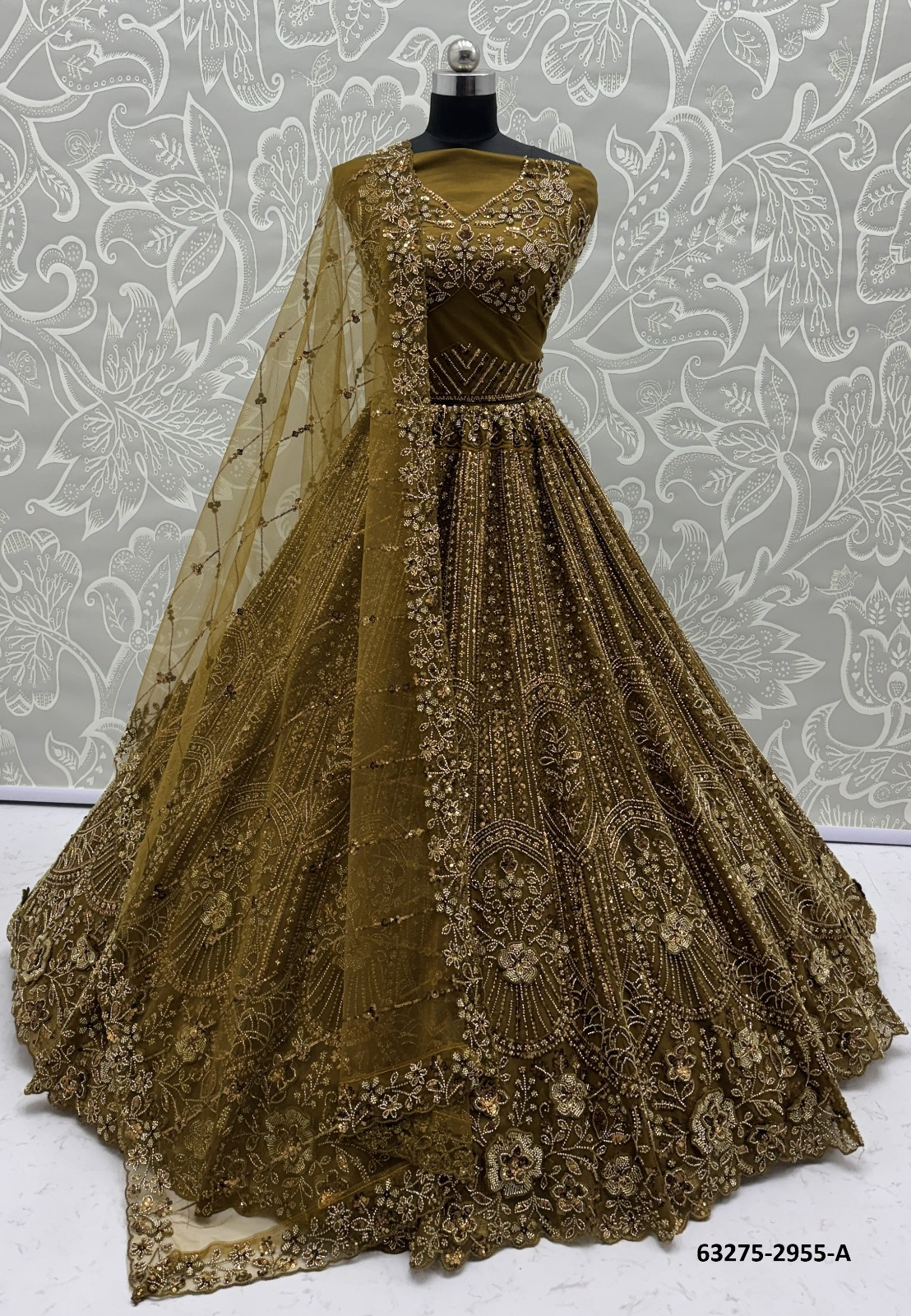 Gold Olive Satin Beadwork Lehenga Set