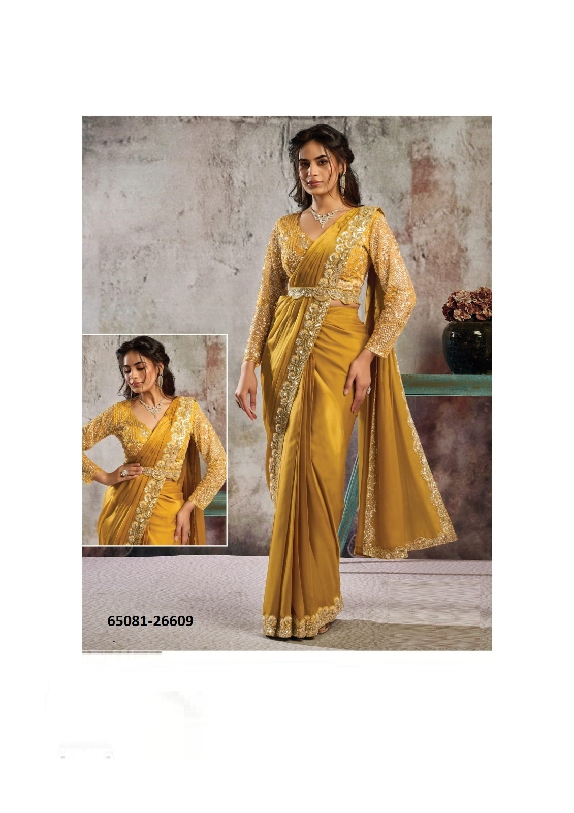 SELENE Ready-to-Wear Saree – Mosterdgeel/Goud