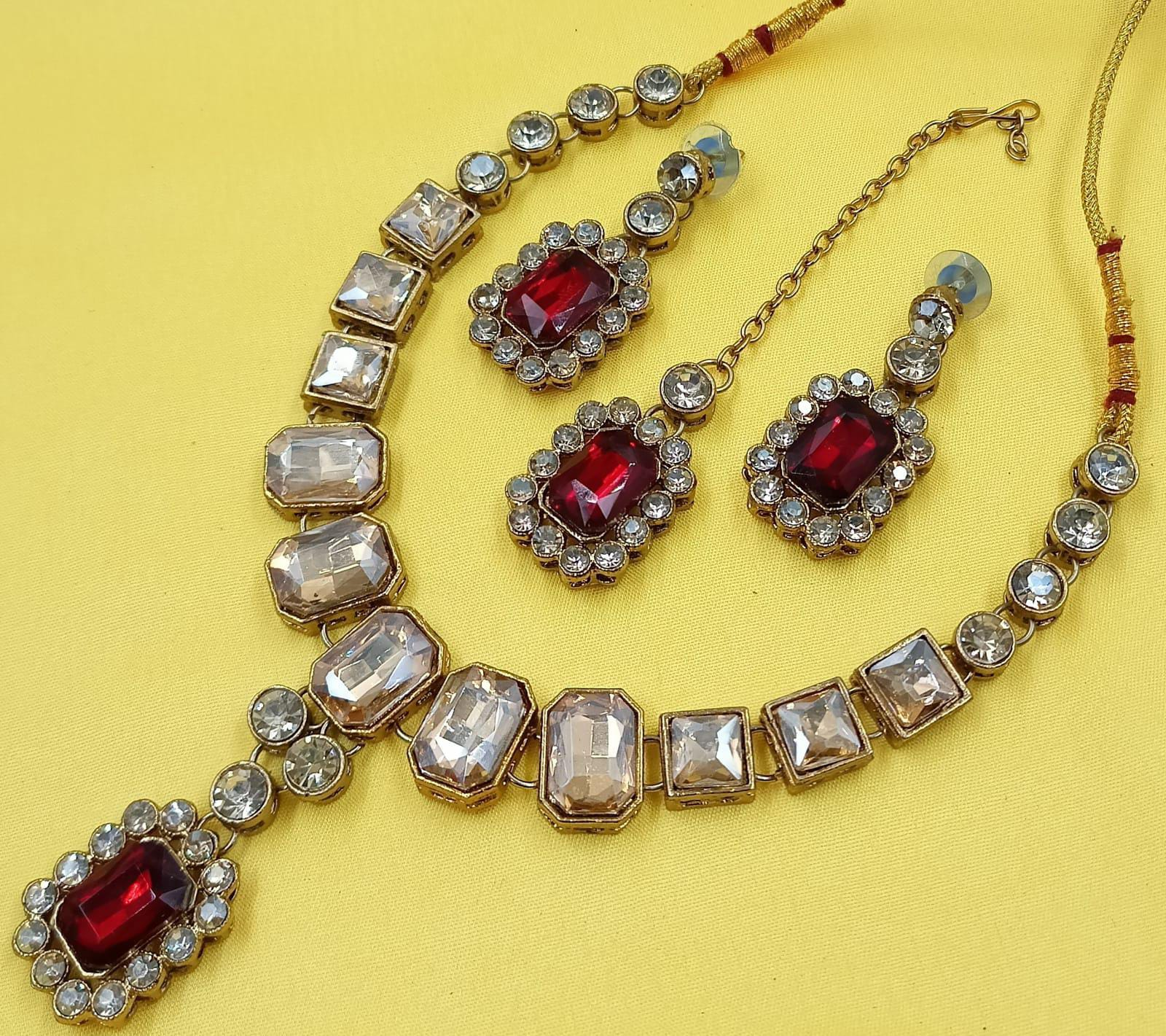 Antiek Goud Kristal Sieradenset | Ketting & Oorbellen Ruby Rood