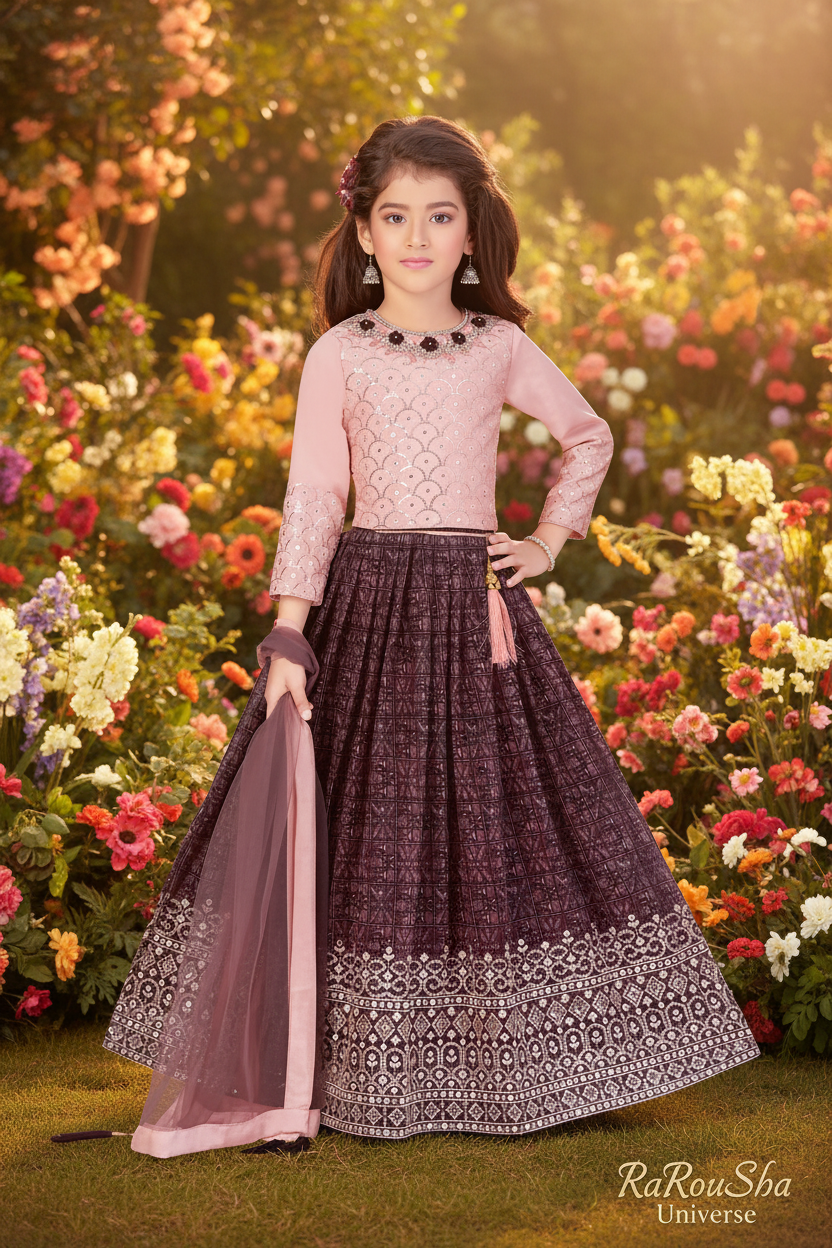 Little Lady Roze Aubergine Lehenga - tuin frontale pose