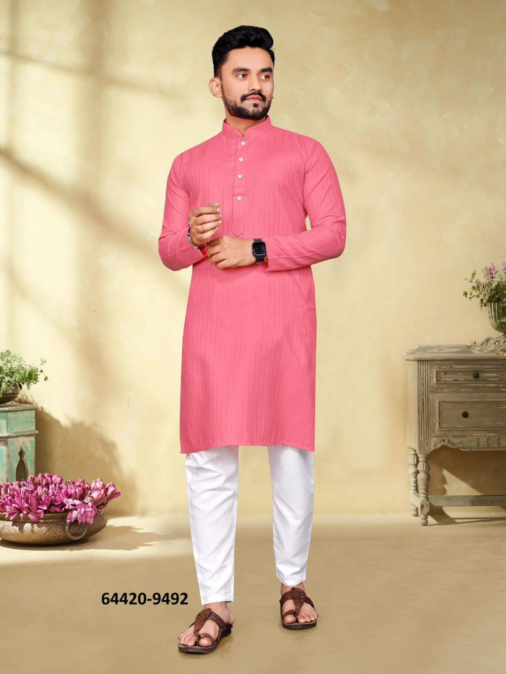 Heren Kurta Pajama - Zalmroze Pure Slub Cotton (9492)