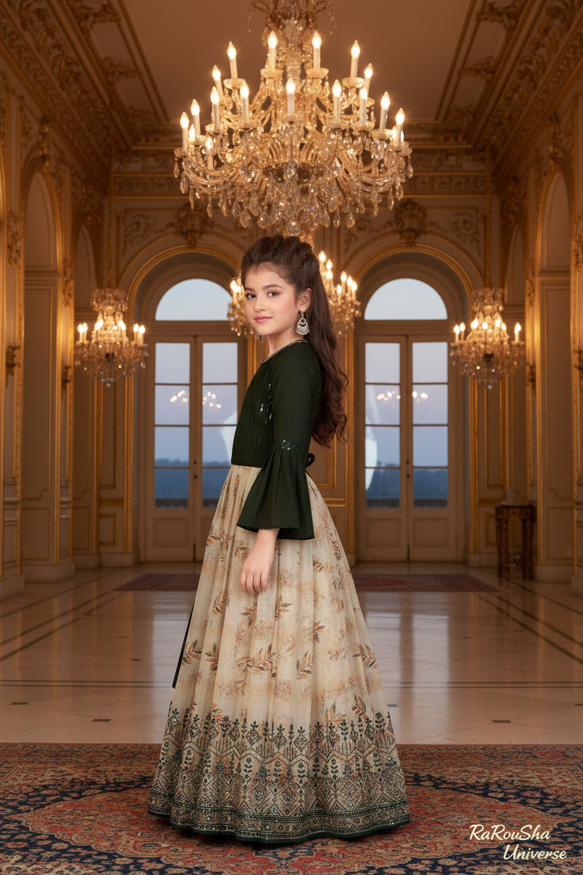 Little Lady Donkergroen Creme Jurk - paleis zijaanzicht pose