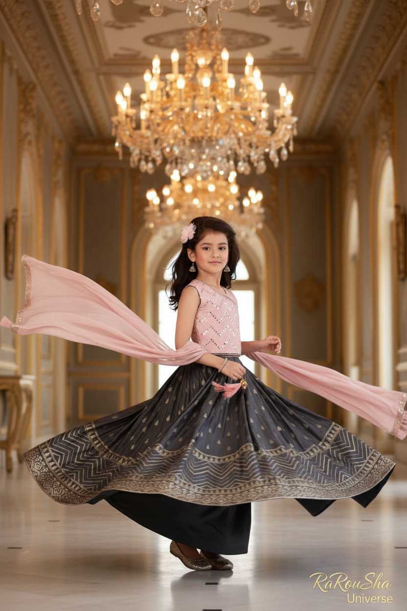 Little Lady Roze Antraciet Lehenga - paleis twirl pose