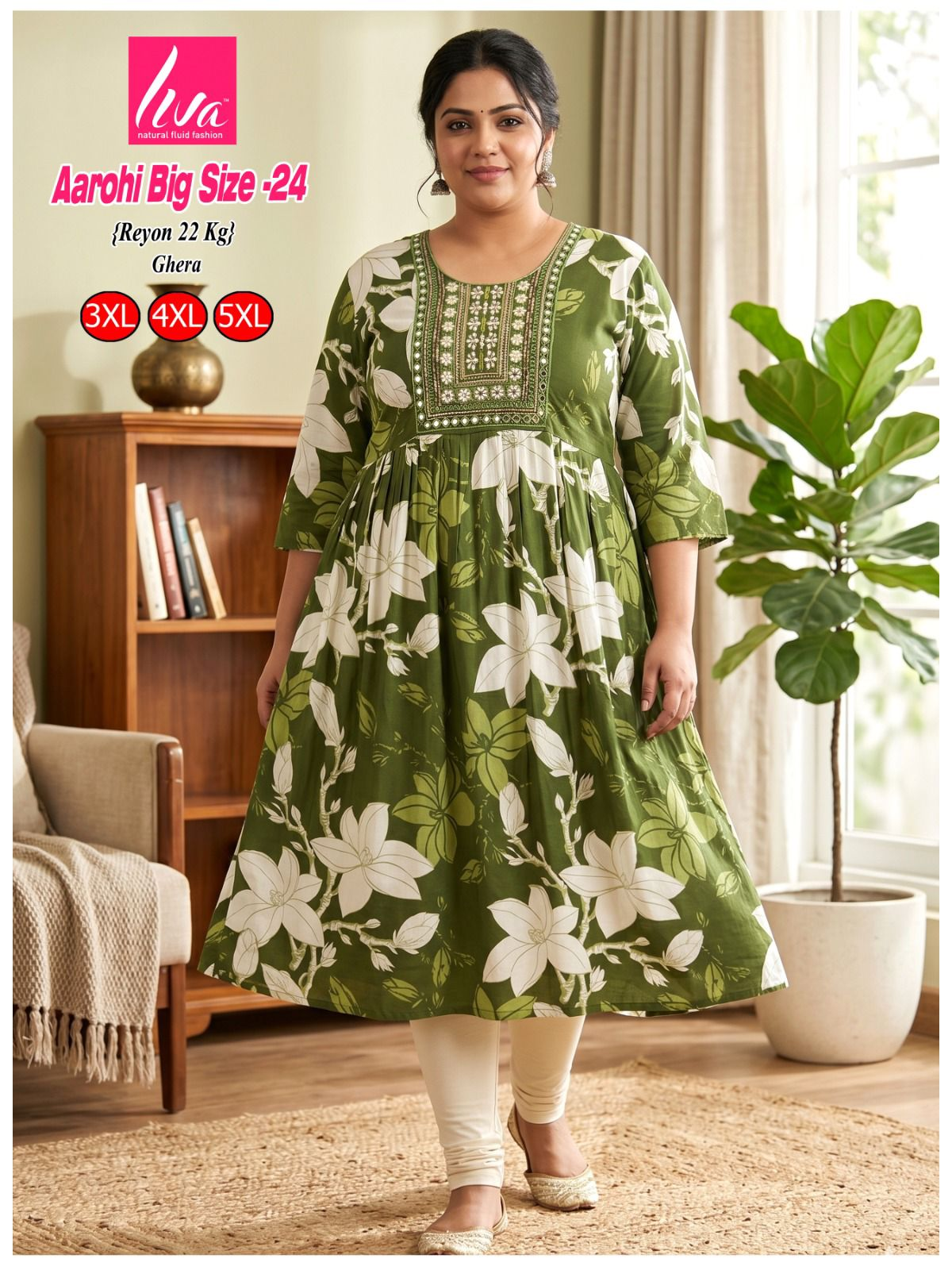 Liva Ghera Big Size Kurti - Olijfgroen met Witte Magnolia Print | Plus Size