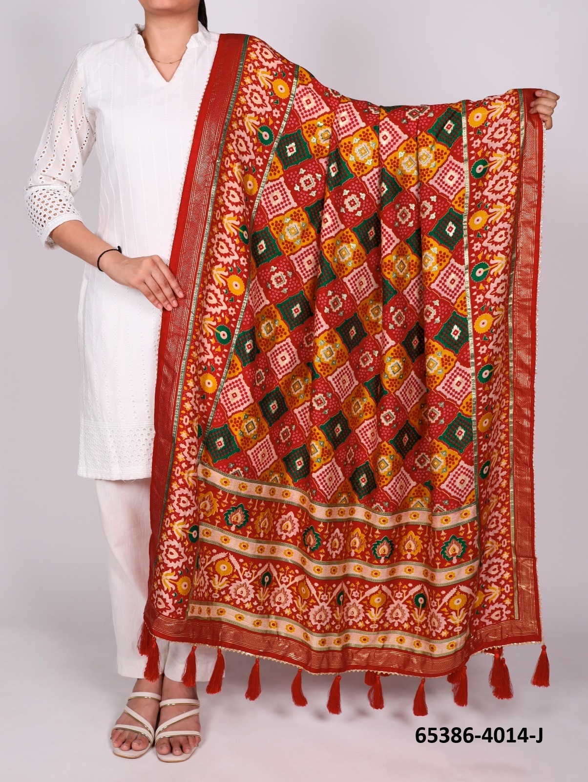 Tussar Silk Bandhani Patola Dupatta - Rood Ruitprint