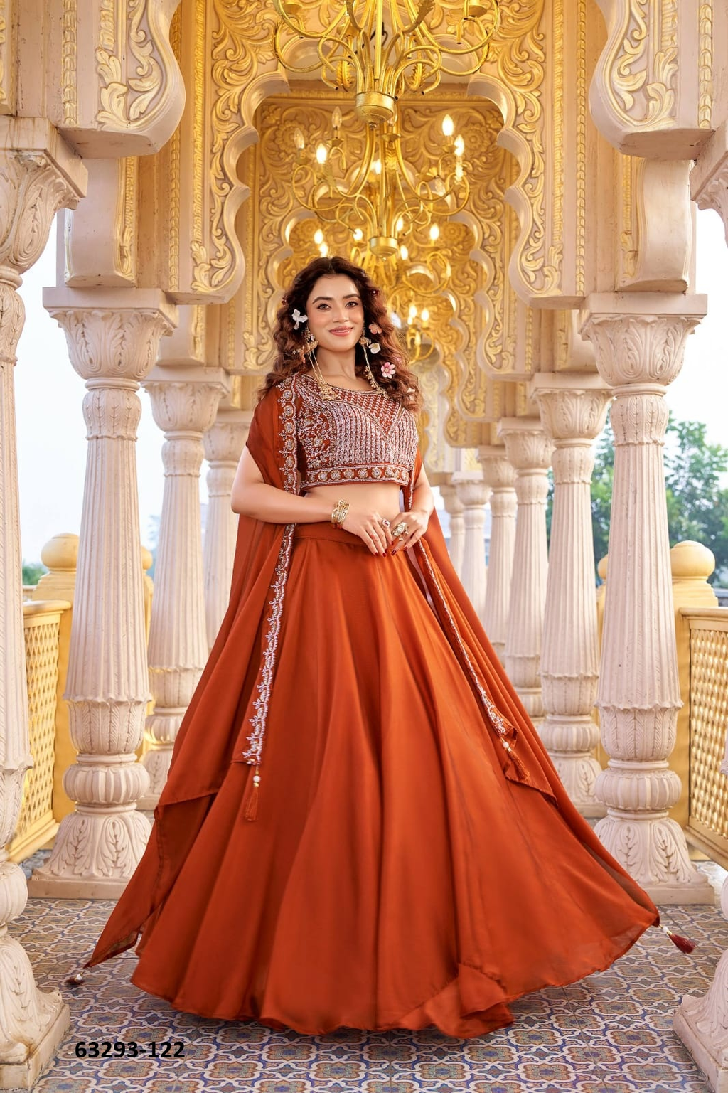 Rust Orange Silk Embroidery Lehenga Set