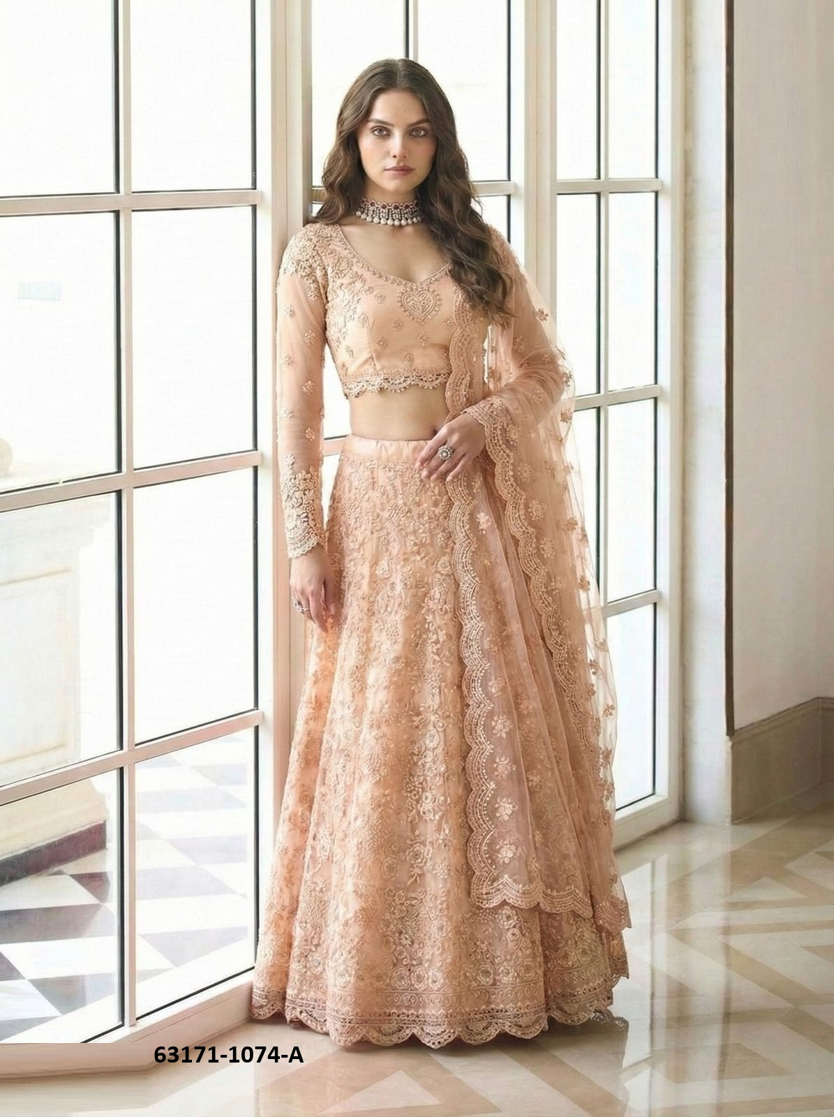 Peach Net Lehenga Set
