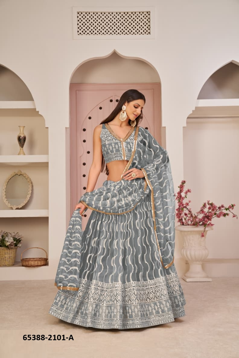 Steel Blue Net Embroidery Lehenga – 65388-2101-A