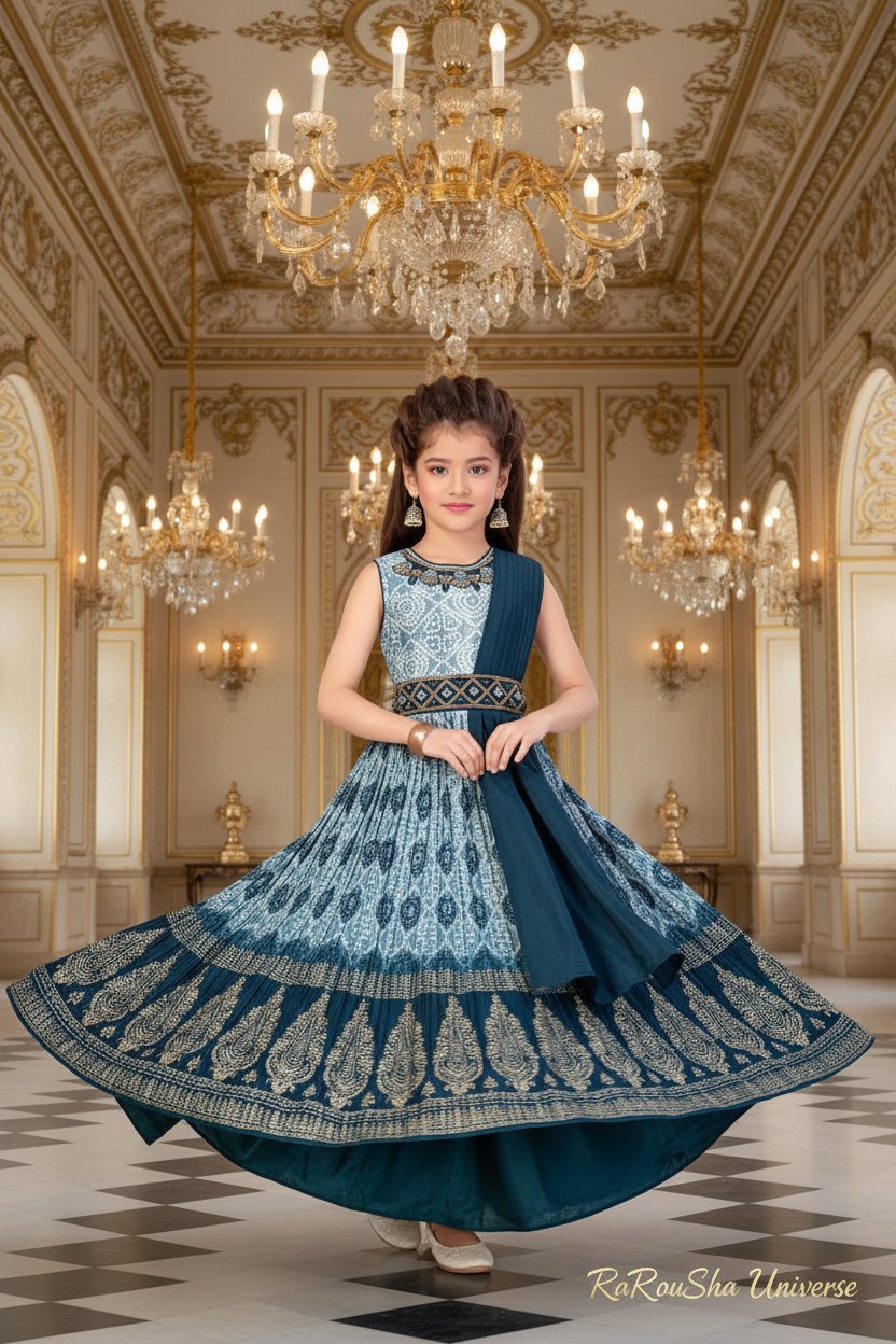 Little Lady Blauw Bandhani Lehenga - paleis twirl pose