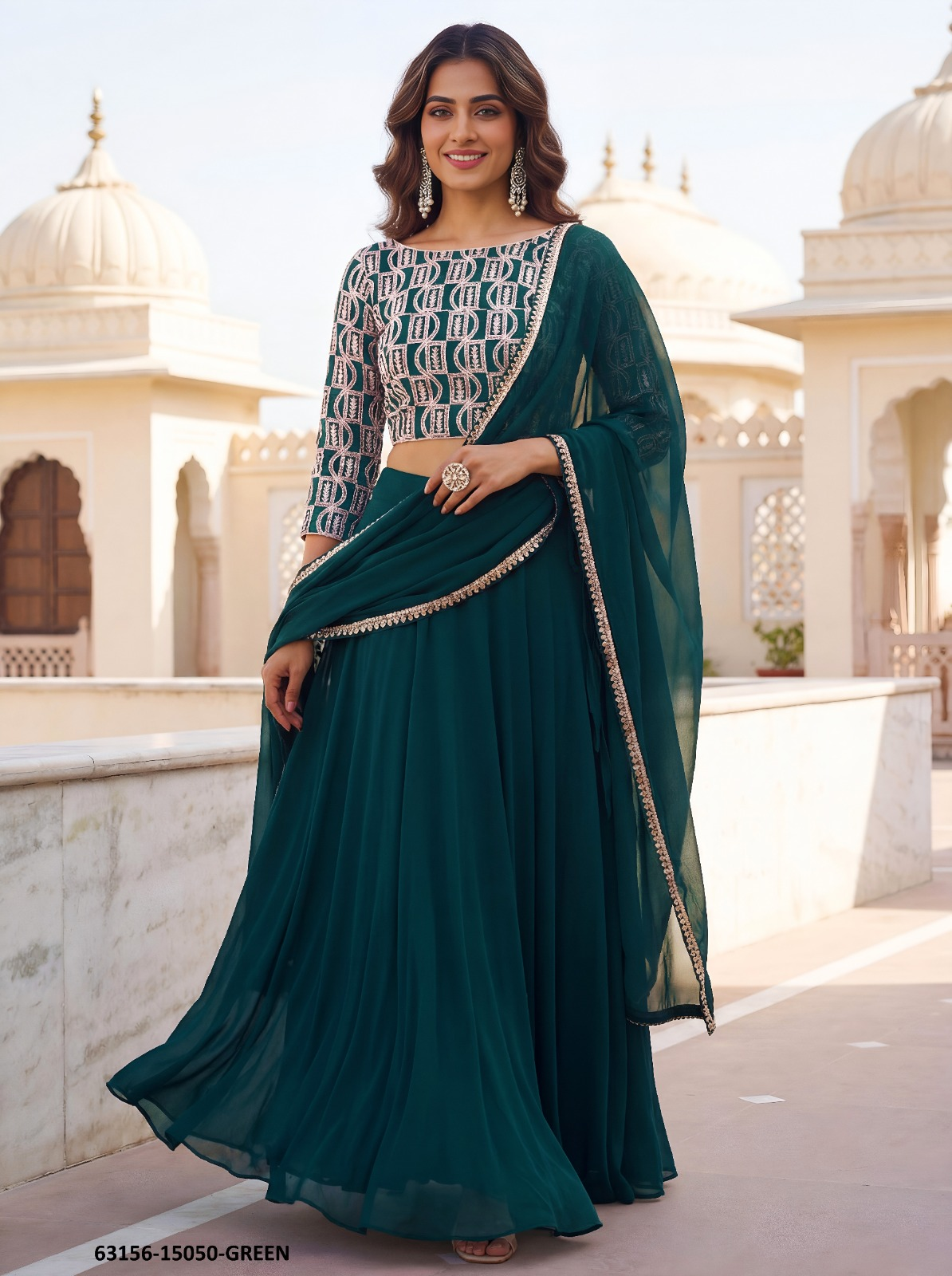 Emerald Green Georgette Embroidery Lehenga Set