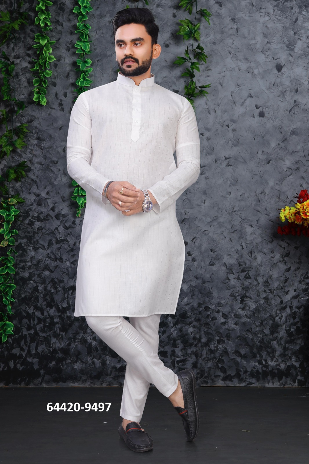 Heren Kurta Pajama - Wit Pure Slub Cotton (9497)