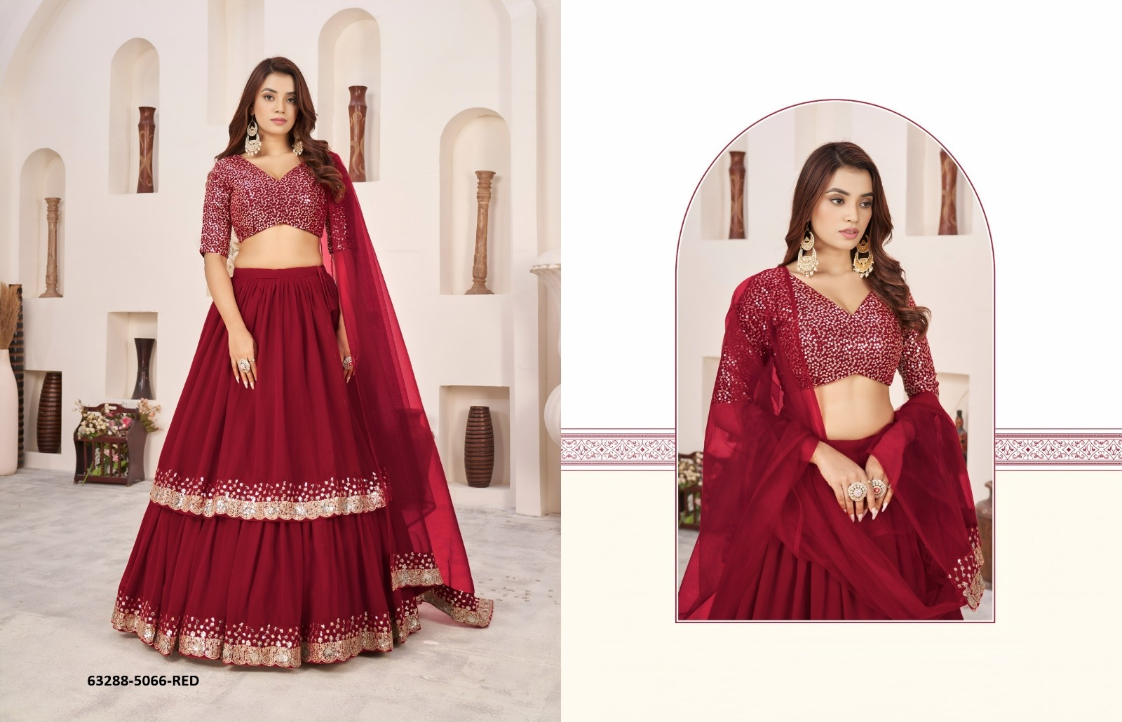 Red Georgette Sequins Lehenga Set