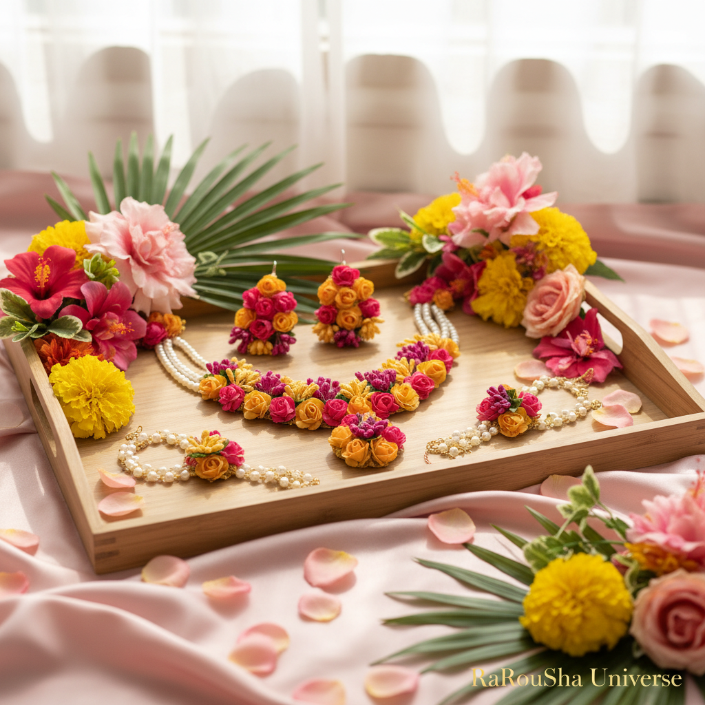 Luxe bloemen bruidset houten dienblad tropische bloemen RaRouSha