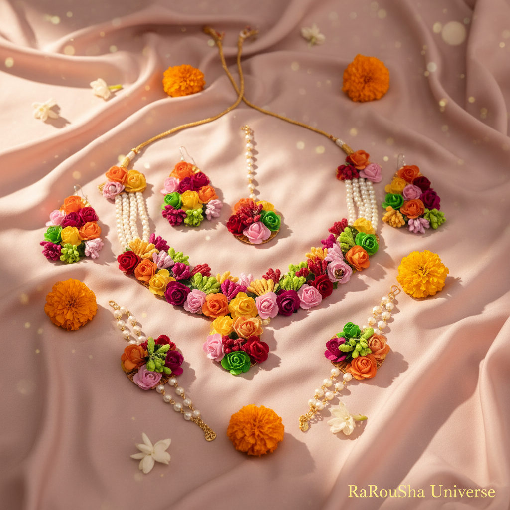 Luxe bloemen bruidset maang tikka roze zijde RaRouSha