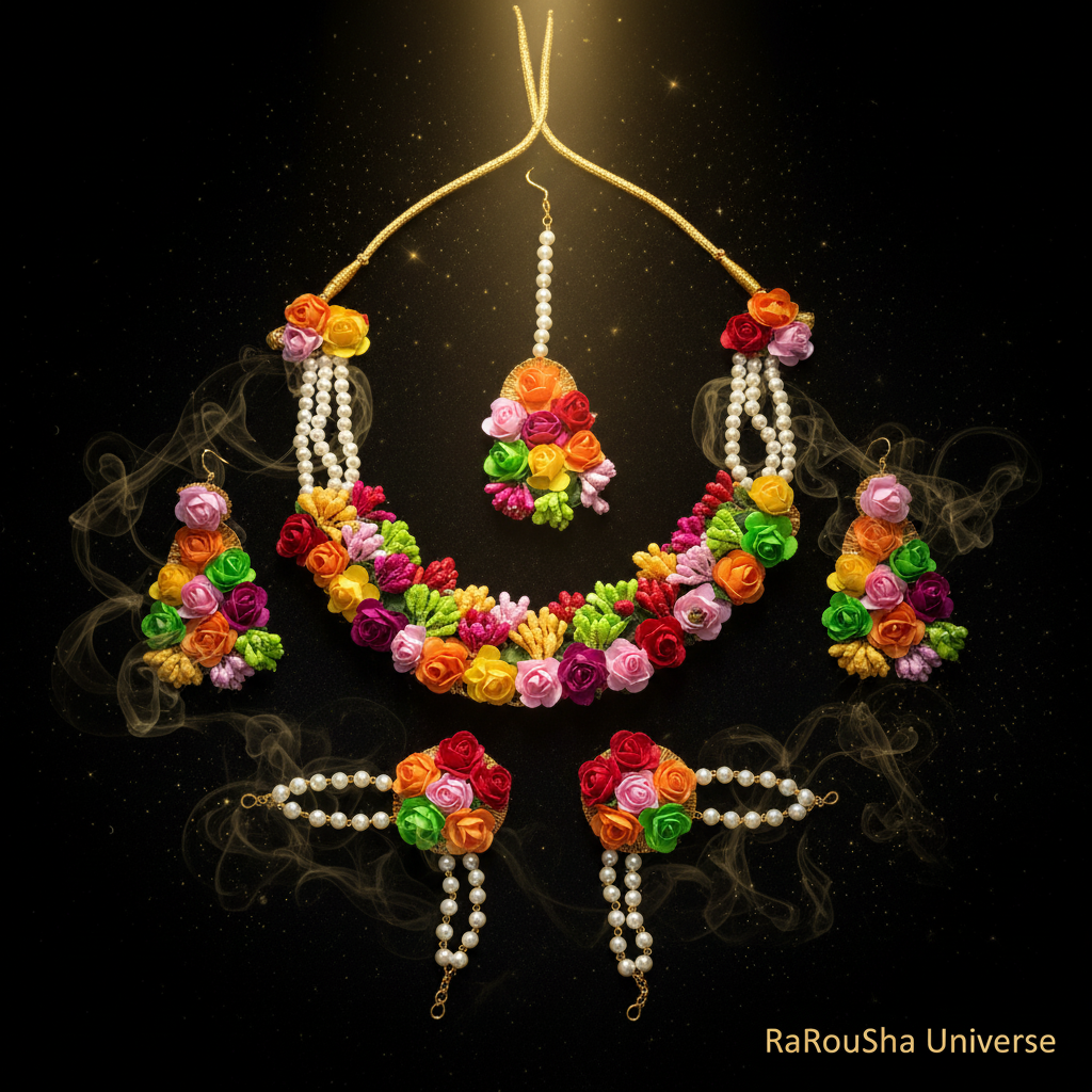 Luxe bloemen bruidset maang tikka zwart velvet spotlight RaRouSha