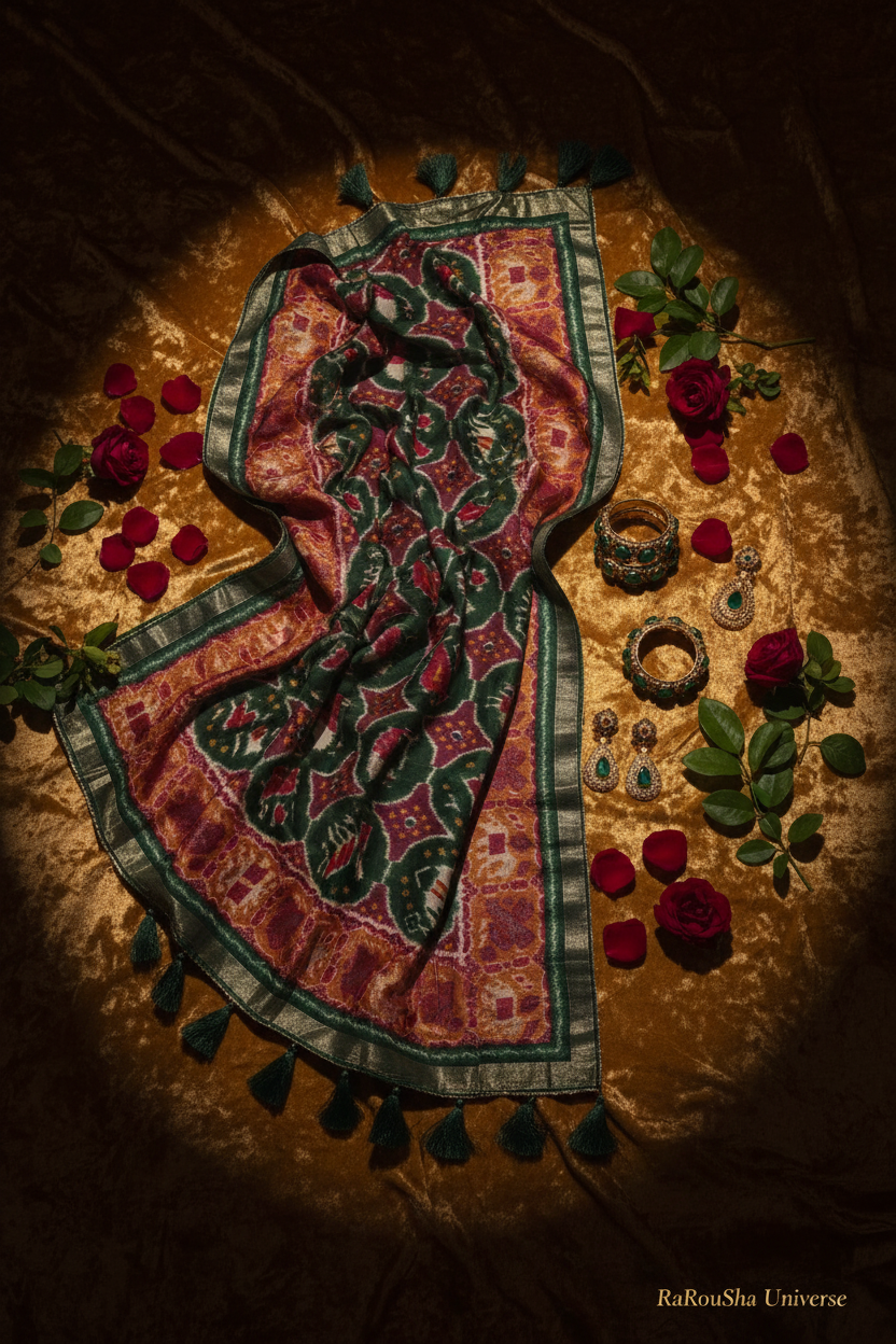 Luxe bordeaux groen ovale ikat dupatta flat lay champagne velvet RaRouSha