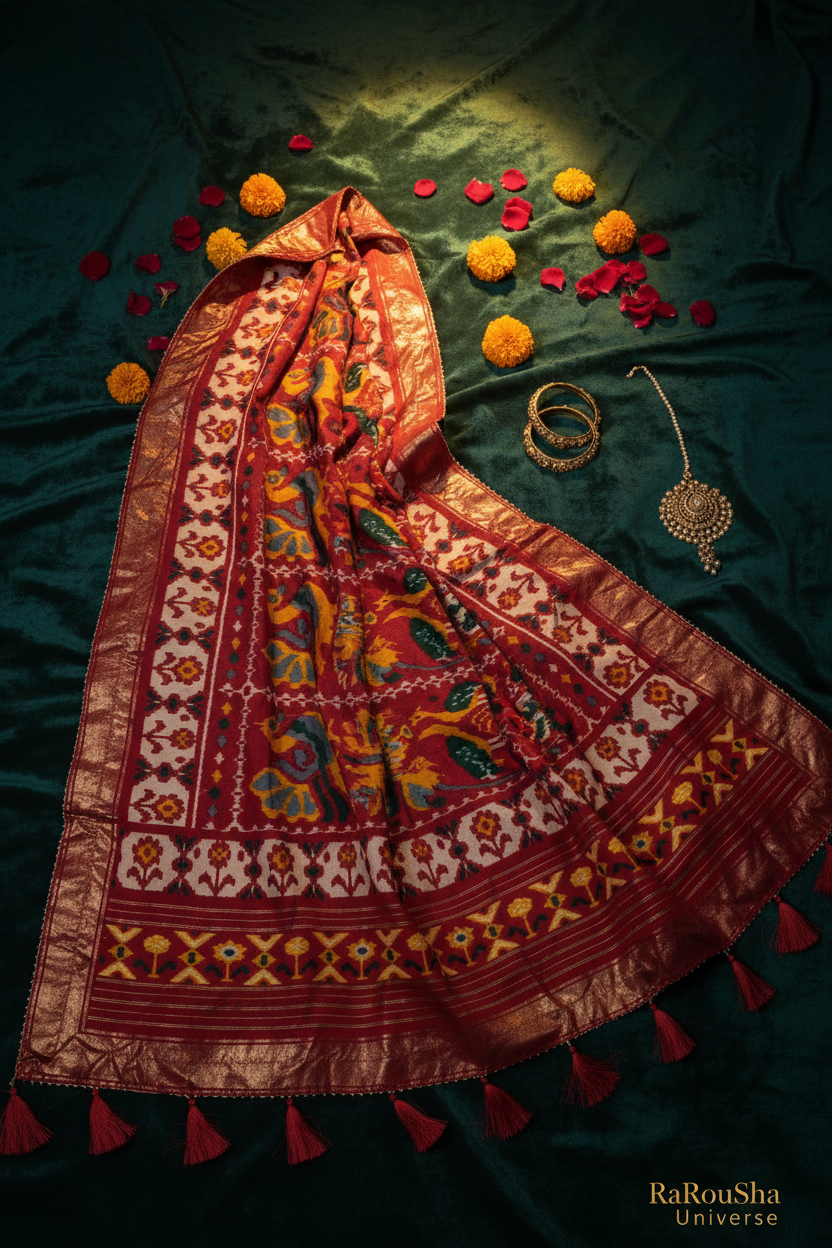 Luxe crème rood pauw olifant ikat dupatta flat lay teal velvet RaRouSha