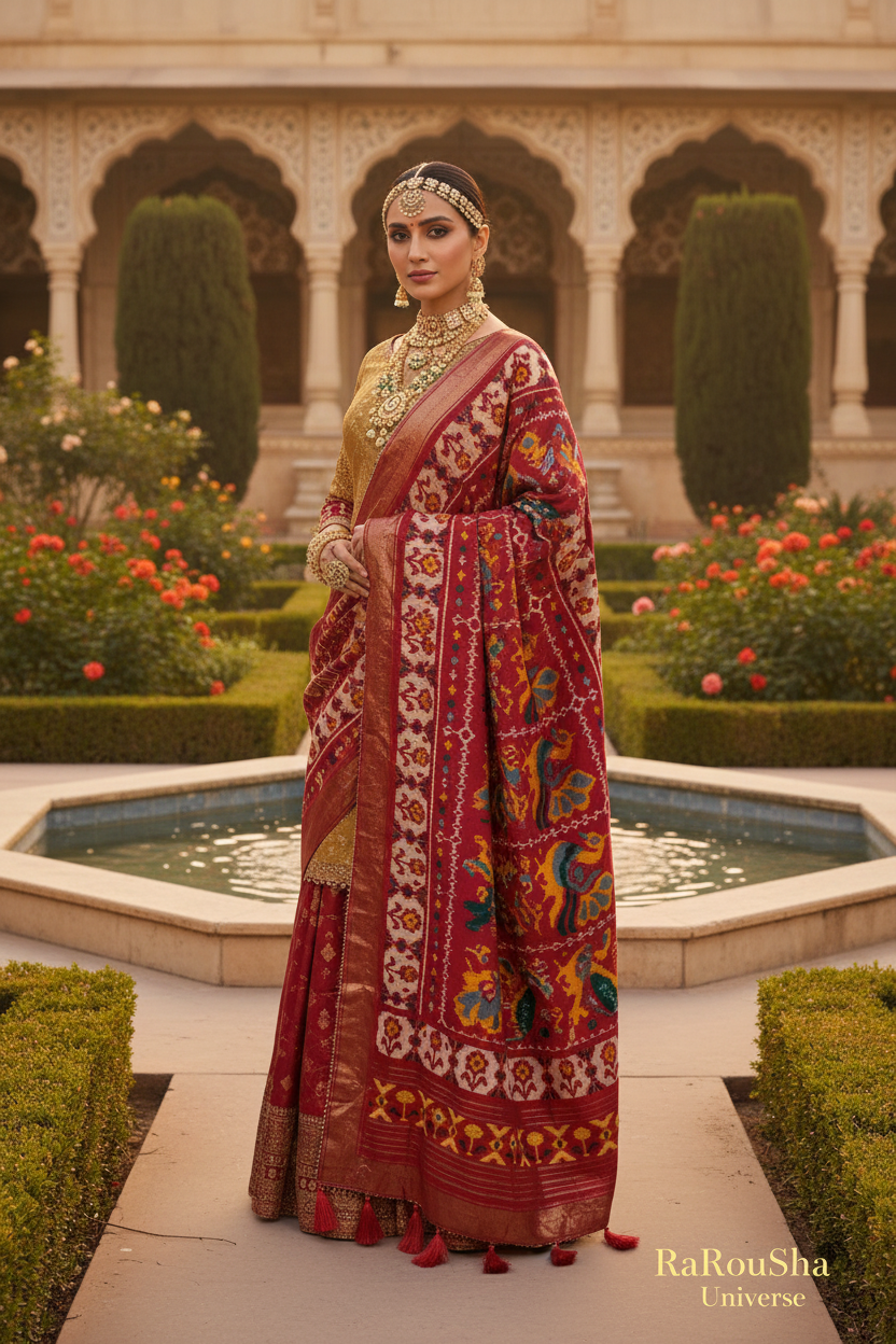 Luxe crème rood pauw olifant ikat dupatta Mughal tuin RaRouSha