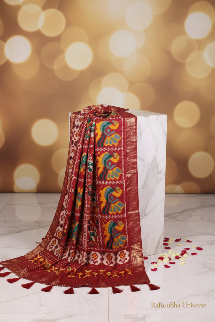 Luxe crème rood pauw olifant ikat dupatta wit marmer RaRouSha