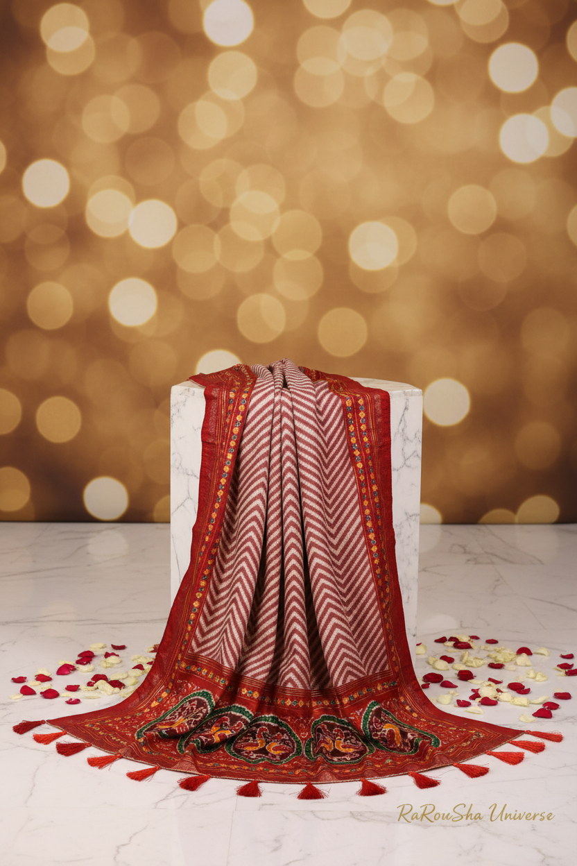 Luxe crème rood zigzag dupatta wit marmer editorial RaRouSha
