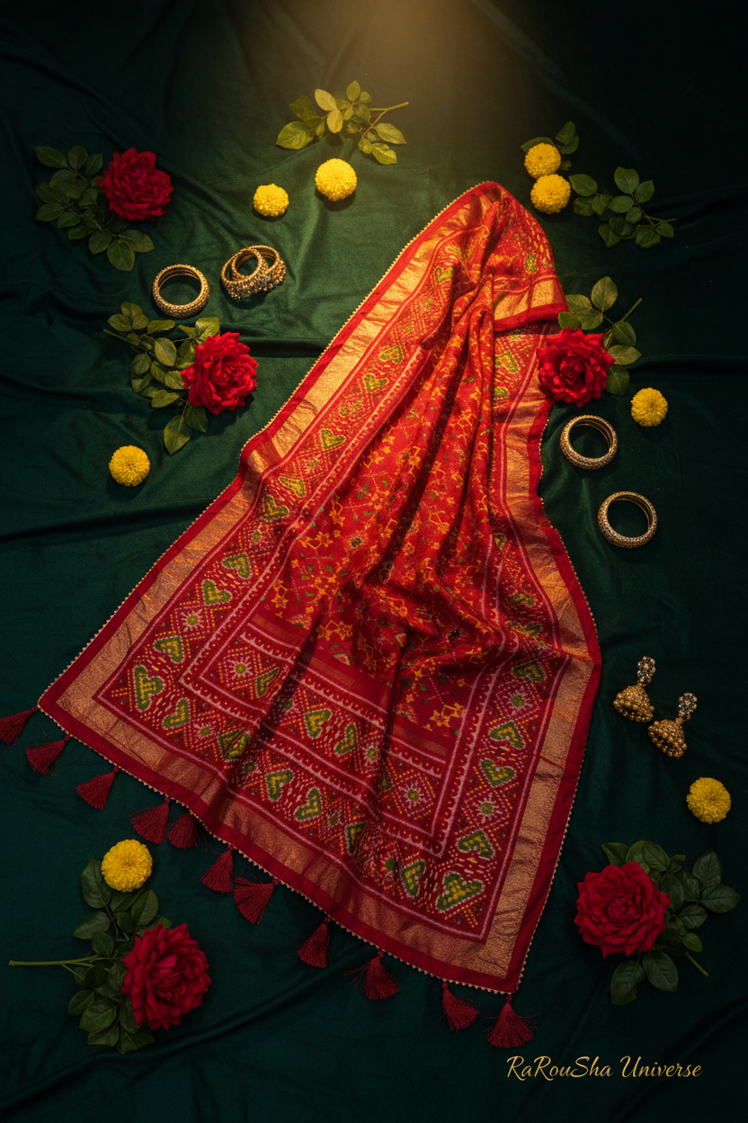 Luxe dieprode ikat ster geometrisch dupatta flat lay emerald velvet RaRouSha