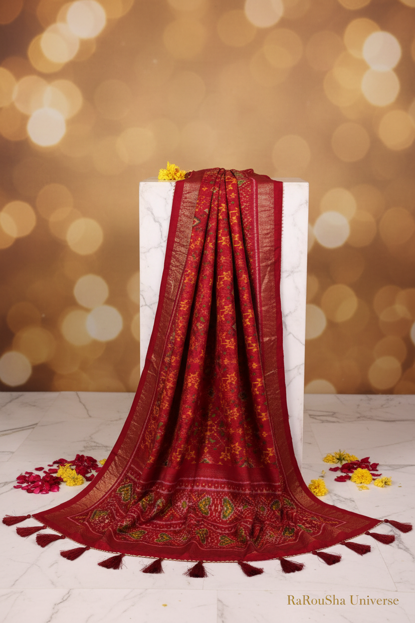 Luxe dieprode ikat ster geometrisch dupatta wit marmer editorial RaRouSha