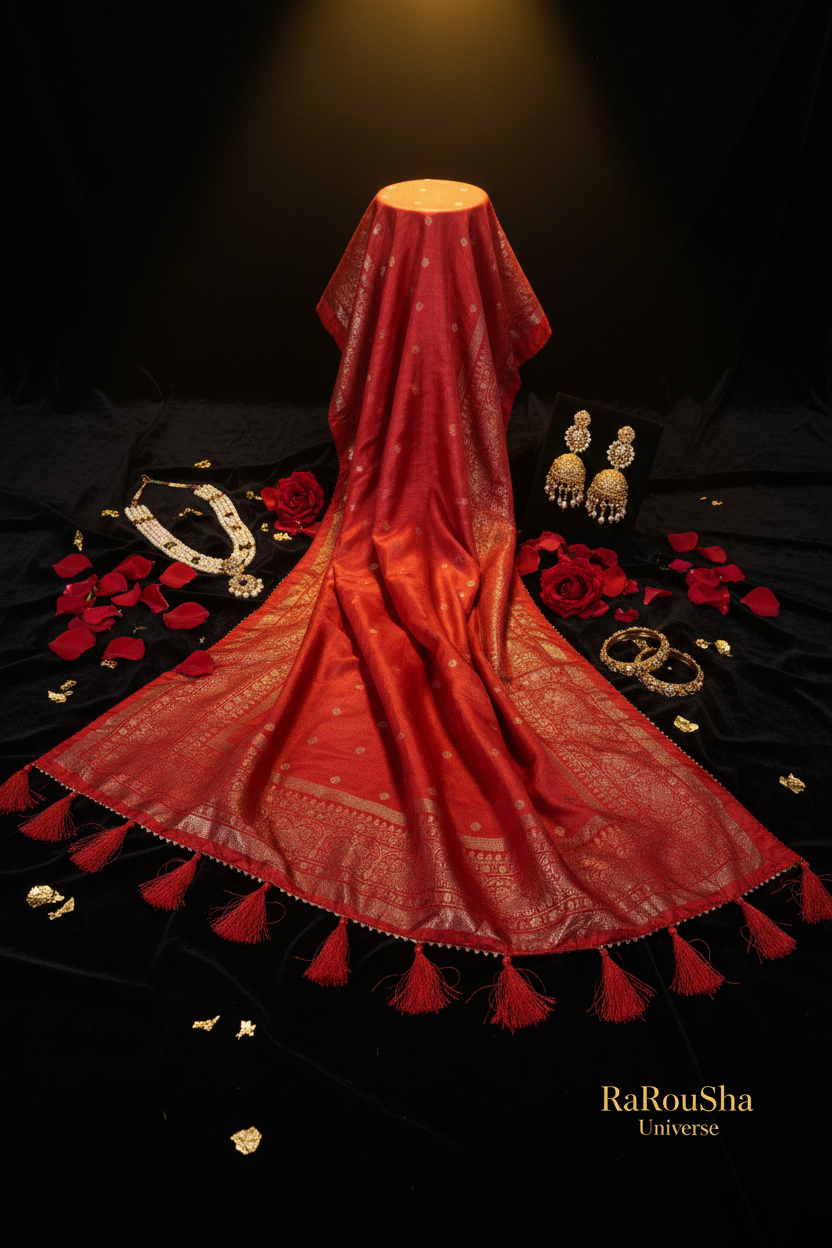 Luxe dieprode zari buti dupatta flat lay zwart velvet RaRouSha