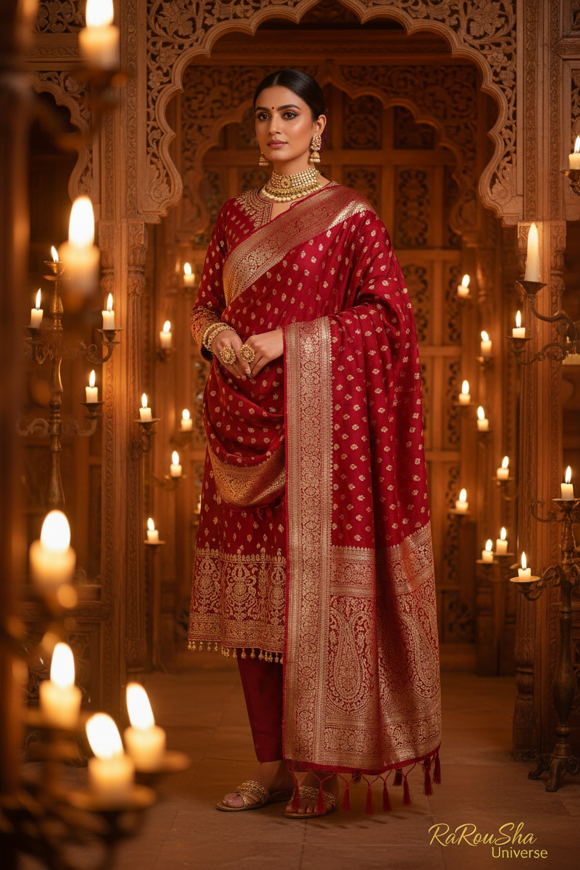 Luxe dieprode zari buti dupatta haveli kaarslicht editorial RaRouSha