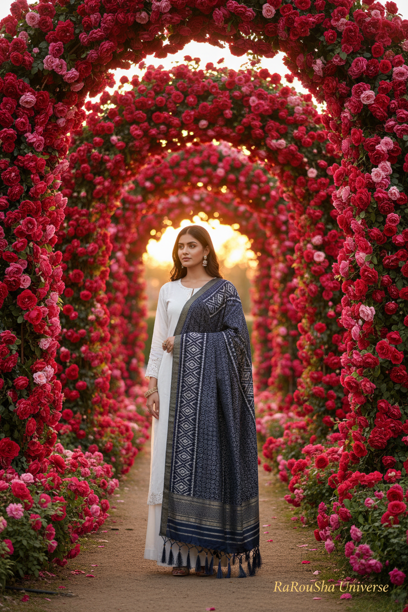 Luxe donkerblauwe bandhani patola dupatta rozentuin editorial RaRouSha