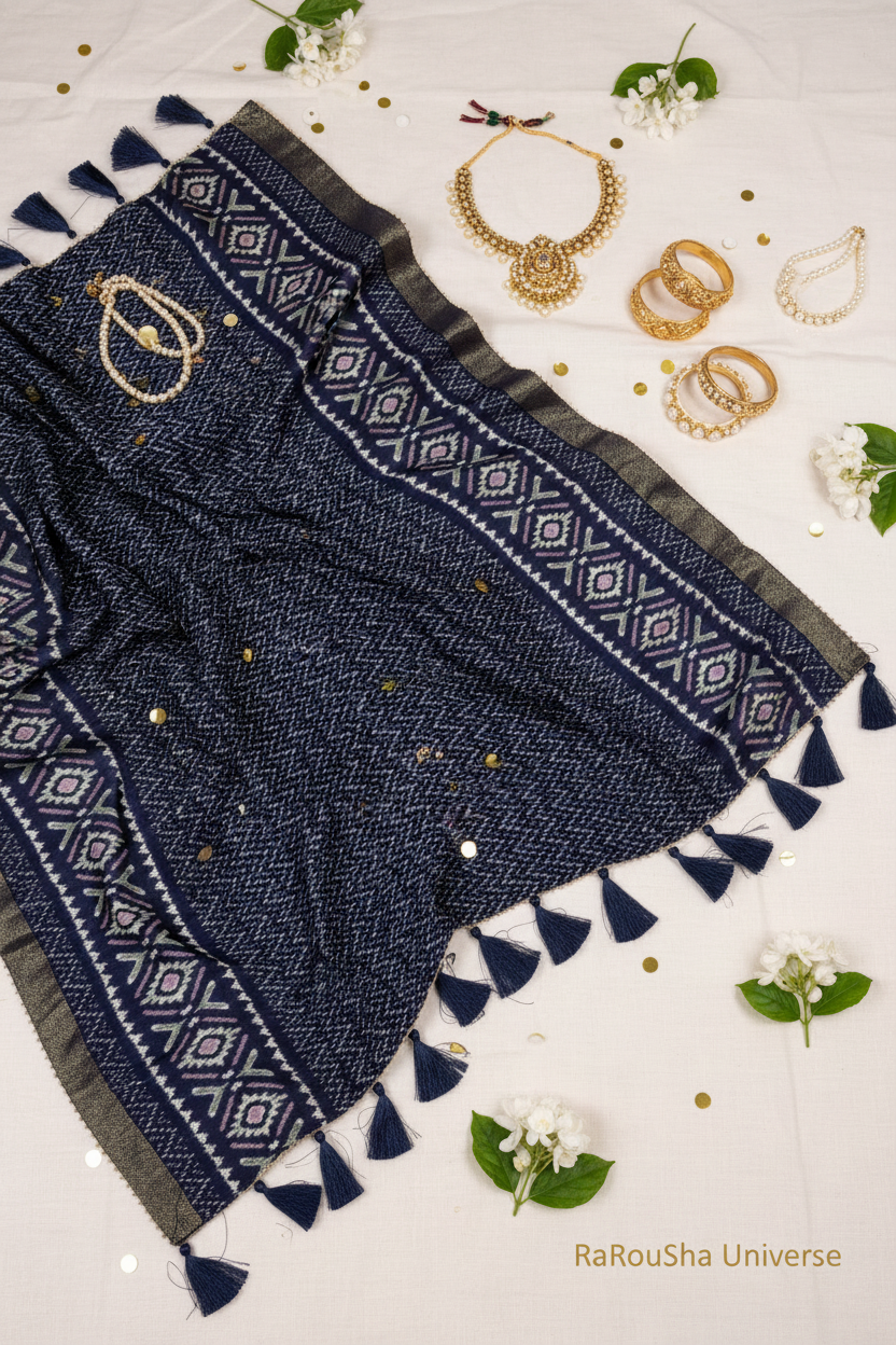Luxe donkerblauwe geometrische dupatta flat lay ivoor linnen RaRouSha