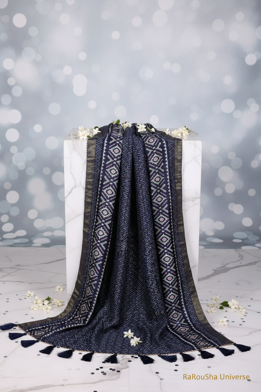 Luxe donkerblauwe geometrische dupatta wit marmer editorial RaRouSha
